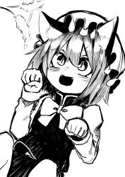 Rule 34 | 1girl, :d, animal ears, cat ears, chen, commentary request, fangs, ginger ale (syouga 6383), greyscale, hair between eyes, hat, highres, mob cap, monochrome, open mouth, paw pose, slit pupils, smile, solo, touhou, v-shaped eyebrows