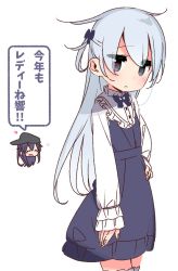 Rule 34 | 2girls, akatsuki (kancolle), alternate costume, blue dress, blue eyes, commentary request, cowboy shot, dress, embarrassed, frilled dress, frills, head only, hibiki (kancolle), kantai collection, long hair, looking at viewer, multiple girls, silver hair, simple background, solo focus, standing, thighhighs, translation request, white background, yoru nai