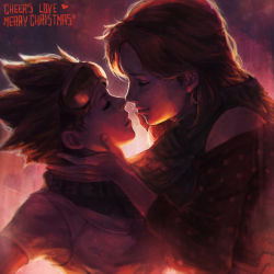 Rule 34 | 2girls, absurdres, brown hair, couple, emily (overwatch), closed eyes, freckles, goggles, goggles on head, highres, imminent kiss, monori rogue, multiple girls, overwatch, overwatch 1, parted lips, red hair, scarf, shared clothes, shared scarf, spiked hair, tracer (overwatch), yuri