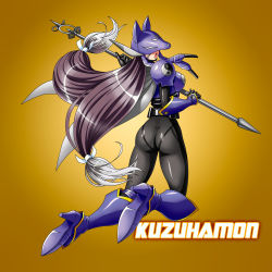 Rule 34 | 1girl, absurdres, armor, armored boots, ass, back, boots, character name, digimon, digimon (creature), facial mark, gloves, helmet, highres, kuzuhamon, long hair, low twintails, mask, maximilian-destroyer, multicolored hair, open mouth, orange background, purple hair, shakujou, solo, staff, twintails, two-tone hair, very long hair, white hair