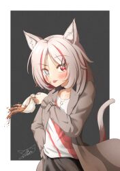 Rule 34 | 1girl, :p, animal ear fluff, animal ears, black collar, black skirt, brown jacket, cat ears, cat girl, cat tail, collar, cup, fang, grey eyes, grey hair, hanamiduki25, hand on own hip, heterochromia, highres, jacket, jewelry, long sleeves, looking at viewer, medium hair, multicolored hair, multiple rings, necklace, open clothes, open jacket, original, pendant, red eyes, red hair, red shirt, ring, shirt, signature, skin fang, skirt, spill, spilling, tail, tea, teacup, tongue, tongue out, two-tone shirt, white hair, white shirt