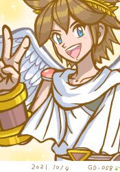 Rule 34 | 1boy, angel, angel wings, blue eyes, brown hair, collarbone, commentary request, dated, gardear058, kid icarus, kid icarus uprising, laurel crown, light blush, male focus, nintendo, open mouth, pit (kid icarus), solo, sparkle, upper body, v, wings, yellow background