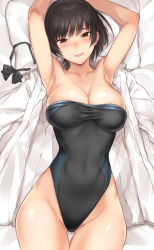 Rule 34 | 1girl, :d, amagami, armpits, arms up, bed sheet, black bow, black bowtie, black one-piece swimsuit, blush, bow, bowtie, unworn bowtie, breasts, brown eyes, casual one-piece swimsuit, cleavage, clothes pull, covered navel, cowboy shot, from above, gluteal fold, groin, large breasts, looking at viewer, lying, nose blush, on back, on bed, one-piece swimsuit, one-piece swimsuit pull, open clothes, open mouth, open shirt, pillow, serizawa (serizawaroom), shirt, unworn shirt, short hair, smile, solo, strapless, strapless one-piece swimsuit, swimsuit, thigh gap, tsukahara hibiki, white shirt, wide hips