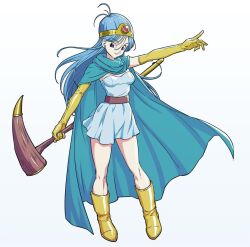 1girl blue_cape blue_hair boots breasts cape circlet dragon_quest dragon_quest_iii dress elbow_gloves gloves long_hair red_eyes sage_(dq3) short_dress simple_background sjw_kazuya smile solo staff strapless white_background white_dress yellow_footwear yellow_gloves