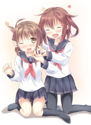 Rule 34 | 10s, 2girls, :d, ;d, anchor, blush, brown eyes, brown hair, closed eyes, fang, folded ponytail, hair ornament, hairclip, hand on another&#039;s face, highres, ikazuchi (kancolle), inazuma (kancolle), kantai collection, kneehighs, kneeling, multiple girls, neckerchief, one eye closed, open mouth, pantyhose, red neckerchief, school uniform, serafuku, shiratama (teleidoscope), short hair, simple background, skirt, smile, socks, updo, wink