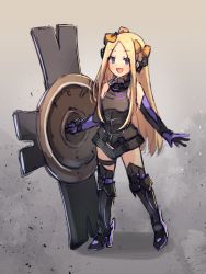 Rule 34 | 1girl, abigail williams (fate), arm guards, armor, armored dress, bare shoulders, black bow, black leotard, blonde hair, blue eyes, blush, bow, breasts, cosplay, elbow gloves, fate/grand order, fate (series), forehead, full body, gloves, gradient background, greaves, hair bow, leotard, long hair, looking at viewer, mash kyrielight, mash kyrielight (cosplay), miya (miyaruta), open mouth, orange bow, parted bangs, purple gloves, shield, small breasts, smile, solo, thigh strap