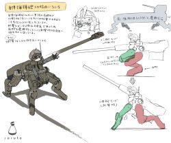 Rule 34 | 1girl, armor, artillery, brown hair, cannon, character sheet, commentary request, full body, grey eyes, head-mounted display, highres, joints, looking at viewer, mecha musume, original, piston, robot joints, short hair, solo, soruto 0w98e, standing, translation request, white background