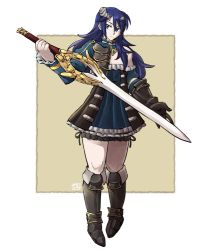 Rule 34 | 1girl, bloodstained: ritual of the night, blue eyes, blue hair, boots, detached sleeves, dlanon, fire emblem, fire emblem awakening, gloves, hair ornament, holding, holding sword, holding weapon, horns, jacket, long hair, looking at viewer, lucina (fire emblem), miriam (bloodstained), nintendo, simple background, skirt, solo, sword, weapon