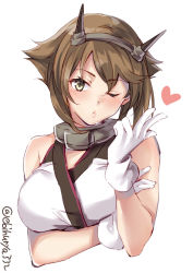 Rule 34 | 1girl, bare shoulders, blowing kiss, blush, breasts, brown hair, cleavage, ebifurya, flipped hair, gloves, green eyes, hair between eyes, hairband, headgear, heart, highres, kantai collection, kiss, large breasts, lips, looking at viewer, midriff, mutsu (kancolle), one eye closed, pink lips, short hair, simple background, solo, spoken heart, twitter username, upper body, white background, white gloves