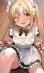 Rule 34 | accident, alternate costume, apron, arm support, black bow, black bowtie, black dress, blonde hair, blush, bocchi the rock!, bow, bowtie, broken cup, commentary request, detached collar, dress, enmaided, flying sweatdrops, frilled apron, frills, highres, ijichi nijika, knee up, long hair, looking at viewer, maid, maid headdress, on floor, one eye closed, open mouth, parted bangs, shiitake taishi, sitting, spill, very long hair, white apron, wooden floor, yellow eyes