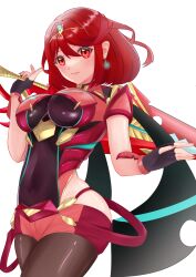 Rule 34 | 1girl, absurdres, aegis sword (xenoblade), armor, backless outfit, black gloves, bob cut, breasts, chest jewel, drop earrings, earrings, fingerless gloves, gloves, highres, impossible clothes, jewelry, large breasts, nintendo, pantyhose, pantyhose under shorts, pyra (xenoblade), red eyes, red hair, red shorts, short hair, short sleeves, shorts, shoulder armor, skindentation, solo, super smash bros., swept bangs, thighhighs, thighhighs over pantyhose, tiara, uji10ukifune, white background, xenoblade chronicles (series), xenoblade chronicles 2