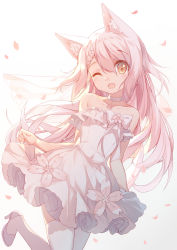 Rule 34 | 1girl, ;d, anchor choker, animal ear fluff, animal ears, bare shoulders, bison cangshu, blush, bow, braid, breasts, bridal veil, cat ears, collarbone, dress, fang, floating hair, french braid, hair ornament, high heels, highres, long hair, looking at viewer, one eye closed, open mouth, petals, pink hair, shimakaze (warship girls r), sidelocks, single braid, small breasts, smile, solo, standing, standing on one leg, strapless, strapless dress, thighhighs, veil, very long hair, warship girls r, white dress, white footwear, white thighhighs