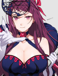 Rule 34 | 1girl, bare shoulders, book, breast focus, breasts, cleavage, close-up, dress, earrings, elbow gloves, fascinator, female focus, fire emblem, fire emblem engage, flower, flower brooch, gloves, hair ornament, halter dress, halterneck, highres, ivy (fire emblem), jewelry, large breasts, long hair, looking at viewer, matching hair/eyes, mole, mole under mouth, nintendo, off-shoulder dress, off shoulder, outstretched arm, outstretched hand, peach11 01, purple eyes, purple hair, reaching, reaching towards viewer, rose, shiny skin, smile, smirk, smug, solo, spiked, upper body, very long hair, white gloves