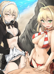 Rule 34 | 1boy, 2girls, artoria pendragon (alter swimsuit rider) (fate), artoria pendragon (alter swimsuit rider) (second ascension) (fate), artoria pendragon (fate), beach, bikini, blonde hair, braid, breasts, clothes lift, cooperative handjob, day, fate/grand order, fate (series), french braid, green eyes, halterneck, handjob, hetero, highres, hood, hoodie, looking at viewer, maid headdress, momio, multiple girls, nero claudius (fate), nero claudius (fate) (all), nero claudius (swimsuit caster) (fate), open mouth, outdoors, penis, skirt, skirt lift, smile, striped bikini, striped clothes, swimsuit, uncensored
