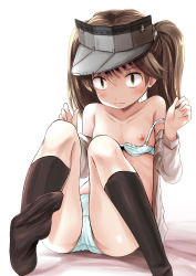 Rule 34 | 1girl, bare shoulders, black socks, bra, bra pull, brown eyes, brown hair, clothes pull, collarbone, flat chest, kantai collection, kneehighs, knees up, kurona, looking at viewer, nipples, open clothes, open shirt, panties, ryuujou (kancolle), shirt, sitting, socks, solo, twintails, underwear, visor cap, white background, white shirt
