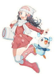 Rule 34 | 1girl, :d, bag, ball, beanie, black hair, boots, buttons, commentary, commission, creatures (company), dawn (pokemon), dress, duffel bag, english commentary, game freak, gen 4 pokemon, hair ornament, hairclip, hat, highres, holding, holding ball, holding poke ball, kneehighs, long sleeves, nintendo, open mouth, pink footwear, piplup, poke ball, poke ball (basic), poke ball theme, pokemon, pokemon (creature), pokemon dppt, pokemon platinum, poketch, red dress, scarf, sidelocks, simple background, sleeves past wrists, smile, socks, watch, water, white background, white scarf, white socks, winter clothes, wristwatch, zuizi