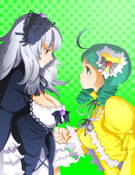 Rule 34 | 00s, 2girls, breast envy, breasts, cleavage, dress, drill, drill hair, female focus, frills, green eyes, green hair, halftone, halftone background, kanaria, large breasts, long hair, multiple girls, plant, red eyes, rozen maiden, suigintou, upper body, white hair