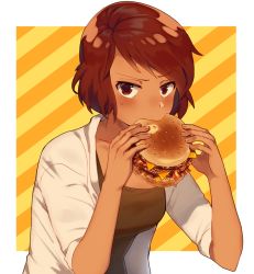 Rule 34 | 1girl, blush, borrowed character, breasts, brown eyes, brown hair, brown shirt, burger, closed mouth, commentary, commission, dark-skinned female, dark skin, diagonal stripes, fingernails, food, hands up, holding, holding food, jacket, looking at viewer, numbers (pigpenandpaper), open clothes, open jacket, original, shirt, short hair, short sleeves, small breasts, solo, striped, striped background, symbol-only commentary, upper body, white jacket