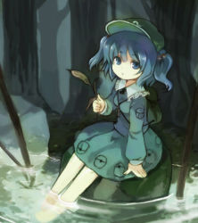 Rule 34 | 1girl, backpack, bag, barefoot, blue eyes, blue hair, cattail, chaba (hortensia), female focus, forest, hair bobbles, hair ornament, hat, kawashiro nitori, key, lowres, matching hair/eyes, nature, plant, randoseru, short hair, sitting, soaking feet, solo, tail, touhou, twintails, two side up, water