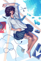 Rule 34 | 1girl, bandaged wrist, bandages, barefoot, black eyes, black hair, blue necktie, board eraser, body writing, boxcutter, closed mouth, collared shirt, folding fan, hand fan, hand up, highres, long sleeves, looking at viewer, lying, necktie, on back, original, road sign, scissors, shirt, sign, solo, traffic cone, wataboku, white shirt, wing collar