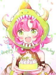 Rule 34 | 1girl, blush, cake, character name, cleavage cutout, clothing cutout, confetti, crbbie, dinosaur hood, fang, flipped hair, food, green eyes, happy birthday, highres, indie virtual youtuber, looking at viewer, open mouth, pink hair, second-party source, shirt, sleeveless, sleeveless shirt, smile, solo, taya rex, thick eyebrows, upper body, virtual youtuber