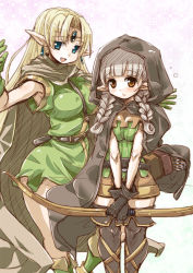 Rule 34 | 2girls, :&lt;, aqua eyes, belt, between breasts, black gloves, black legwear, blonde hair, blush, boots, bow (weapon), braid, breasts squeezed together, breasts, brown eyes, cloak, crossover, dragon&#039;s crown, dungeons &amp; dragons: shadow over mystara, dungeons &amp; dragons, earrings, elf, elf (dragon&#039;s crown), gloves, hirowa nagi, hood, jewelry, large breasts, long hair, lucia (d&amp;d), multiple girls, open mouth, pointy ears, quiver, short hair, silver hair, thigh boots, thighhighs, twin braids, v arms, weapon