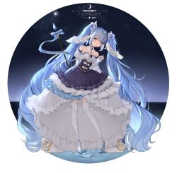 Rule 34 | 1girl, absurdly long hair, absurdres, ankle strap, arm at side, backlighting, bare shoulders, blue dress, blue eyes, blue footwear, blue hair, blue nails, blue ribbon, blue theme, border, bow, breasts, brooch, buttons, cape, center frills, circle, closed mouth, crystal, crystal earrings, detached collar, detached sleeves, dot nose, dress, earrings, eyelashes, fingernails, fortissimo, frilled dress, frills, full body, full moon, gem, gold trim, hair ornament, hand up, hatsune miku, high heels, highres, jewelry, juliet sleeves, layered dress, leaning to the side, light particles, light smile, long hair, long sleeves, looking at viewer, moon, moonlight, musical note, musical note hair ornament, nail polish, necklace, night, night sky, outside border, plaid, plaid dress, puffy sleeves, ribbon, round border, shadow, sky, small breasts, snowflake hair ornament, solo, sparkle, staff, standing, standing on one leg, star (sky), starry sky, strapless, strapless dress, striped ribbon, tareme, thighhighs, tiara, twintails, u men, very long hair, vocaloid, wavy hair, white border, white bow, white cape, white dress, white thighhighs, yuki miku, yuki miku (2019), zettai ryouiki