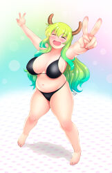 Rule 34 | 1girl, absurdres, aqua background, aqua hair, bikini, black bikini, blue hair, blush, bow, bowtie, breasts, closed eyes, cloudxmoe, collarbone, dot nose, double v, facing viewer, full body, gradient hair, green bow, green bowtie, green hair, halftone, halftone background, head tilt, highres, horns, huge breasts, kobayashi-san chi no maidragon, legs apart, long hair, lucoa (maidragon), multicolored hair, navel, open mouth, outstretched arms, pink background, plump, purple background, shadow, signature, solo, star (symbol), swimsuit, thick thighs, thighs, v
