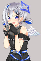 Rule 34 | 1girl, :d, amane kanata, amane kanata (work), bad id, bad pixiv id, bare shoulders, black dress, black gloves, blouse, blue eyes, blue hair, blue wings, commentary request, controller, dress, feathered wings, flo (guilty hearts), game controller, gloves, grey hair, grey shirt, hair between eyes, hair ornament, hair rings, hairclip, hands up, highres, holding, hololive, looking at viewer, mini wings, multicolored hair, off-shoulder dress, off shoulder, open mouth, partially fingerless gloves, pleated dress, shirt, sleeveless, sleeveless shirt, smile, solo, two-tone hair, virtual youtuber, white wings, wings