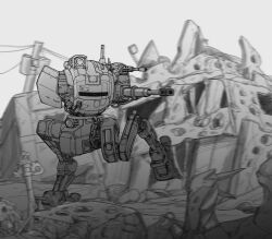 Rule 34 | absurdres, cannon, greyscale, highres, mecha, monochrome, motion blur, mymyc, no humans, original, power lines, robot, running, science fiction, solo, walker (robot), wreckage