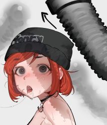 Rule 34 | 1girl, :o, anchor choker, bare shoulders, beanie, black eyes, black hat, blush, choker, commentary, godekasu, hat, henry hoover, highres, industrial pipe, open mouth, original, personification, product placement, red hair, saliva, saliva trail, sexually suggestive, shadow, short hair, solo, sweat, swept bangs, tongue, tongue out, tube, upper body, white background