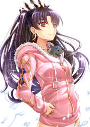 Rule 34 | 1girl, absurdres, black hair, blush, closed mouth, earrings, fate/grand order, fate (series), gu li, highres, ishtar (fate), jewelry, long hair, long sleeves, looking at viewer, red eyes, smile, solo, tohsaka rin
