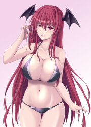 Rule 34 | 1girl, bat wings, bikini, breasts, collarbone, commentary request, cowboy shot, gradient background, hair between eyes, hair over breasts, head wings, highres, koakuma, large breasts, lips, long hair, looking at viewer, navel, parted lips, pink background, playing with own hair, purple bikini, raised eyebrow, red eyes, red hair, sidelocks, simple background, skindentation, slit pupils, solo, swimsuit, touhou, very long hair, vision (artist), white background, wings