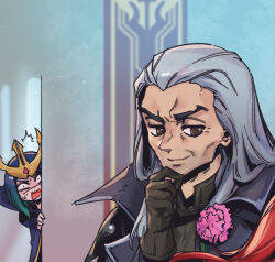 Rule 34 | 1boy, 1girl, black jacket, brown eyes, cape, flower, grey hair, hand on own chin, hand up, indoors, jacket, league of legends, leblanc (league of legends), long hair, open mouth, phantom ix row, pink flower, portrait, red hair, sideways glance, surprised, swain (league of legends), sweatdrop, thinking