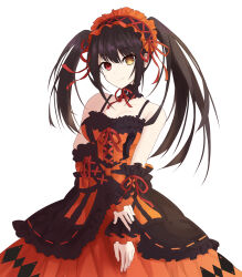 Rule 34 | 1girl, absurdres, bare shoulders, black hair, breasts, clock eyes, date a live, detached sleeves, dress, hairband, heterochromia, highres, light smile, lolita fashion, lolita hairband, looking at viewer, medium breasts, red dress, red eyes, solo, symbol-shaped pupils, tokisaki kurumi, tti tti, twintails, two-tone dress, white background