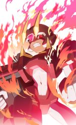 Rule 34 | 1boy, absurdres, android, armor, bodysuit, clenched teeth, fighting fefnir (mega man), fire, helmet, highres, inti creates, looking at viewer, mega man (series), mega man zero (series), simple background, solo, tanziya (codlxcold), teeth, weapon, white background