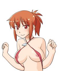 Rule 34 | 1girl, animated, animated gif, areola slip, bouncing breasts, breasts, brown eyes, brown hair, dog tags, futaba channel, happy, hinemosu notari, jumping, kudoi, large breasts, looking at viewer, navel, nijiura maids, nipples, open mouth, ponytail, pretzel bikini, sidelocks, simple background, slingshot swimsuit, solo, swimsuit, upper body, white background