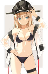 Rule 34 | &gt;:), 1girl, arm up, armpits, bare shoulders, bikini, bismarck (kancolle), black bikini, black hat, blonde hair, blue eyes, blush, border, breasts, cleavage, closed mouth, collarbone, cowboy shot, gluteal fold, grey background, hand on headwear, hand on own hip, hat, highres, jacket, kantai collection, long hair, long sleeves, looking at viewer, medium breasts, navel, o-ring, o-ring bikini, ohta yuichi, open clothes, open jacket, outside border, peaked cap, pouch, see-through, simple background, smile, solo, stomach, straight hair, swimsuit, thigh strap, v-shaped eyebrows, white border, white jacket