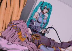 Rule 34 | 2girls, araki hirohiko (style), bed, black dress, blue eyes, blue hair, blue necktie, breasts, cable, collared shirt, commentary, curtains, detached sleeves, dress, english commentary, frown, grey shirt, hatsune miku, highres, holding, holding scissors, hospital bed, jojo no kimyou na bouken, long hair, lying, medium breasts, megurine luka, multiple girls, necktie, on bed, orange lips, parody, pink hair, sapgoon, scissorloid (vocaloid), scissors, shirt, sleeveless, sleeveless shirt, style parody, twintails, v-shaped eyebrows, very long hair, vocaloid