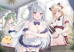 Rule 34 | 3girls, absurdres, ahoge, animal, animal ears, apron, azur lane, bare shoulders, bird, blonde hair, blue hair, blush, breasts, cat ears, chandelier, cleavage, comet (azur lane), commentary request, company connection, company name, copyright name, crescent (azur lane), curtains, cygnet (azur lane), day, detached collar, double bun, dress, fake animal ears, frills, garter straps, grey hair, hair bun, hair ornament, highres, indoors, large breasts, leaning forward, logo, long hair, looking at viewer, maid, maid headdress, manjuu (azur lane), medium breasts, multiple girls, official art, open mouth, purple eyes, red eyes, short dress, sitting, sleeveless, smile, thighhighs, thighs, tomoo (tomo), waist apron, window, wrist cuffs, zettai ryouiki