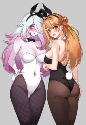Rule 34 | 2girls, absurdres, animal ears, ass grab, bare shoulders, black bow, black bowtie, black leotard, black survival, blush, bow, bowtie, breasts, brown hair, brown pantyhose, charon (duddnd2361), chiara (black survival), cleavage, closed mouth, commentary request, covered navel, detached collar, eternal return: black survival, fake animal ears, fake tail, fishnet pantyhose, fishnets, from behind, grabbing own ass, gradient hair, hair bun, hair over one eye, hair ribbon, highres, korean commentary, leotard, long hair, looking back, medium breasts, multicolored hair, multiple girls, open mouth, pantyhose, pink eyes, pink hair, playboy bunny, rabbit ears, rabbit tail, ribbon, runny makeup, strapless, strapless leotard, tail, tia (black survival), traditional bowtie, white hair, white leotard, wrist cuffs, yellow eyes