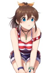 Rule 34 | 1girl, blue eyes, blue shorts, blush, bra strap, bracelet, breasts, brown hair, cleavage, closed mouth, commentary, cowboy shot, cutoffs, denim, denim shorts, frown, hair ribbon, hands on thighs, idolmaster, idolmaster million live!, jewelry, kamille (vcx68), leaning forward, looking at viewer, medium breasts, medium hair, necklace, ponytail, red shirt, ribbon, satake minako, shirt, short shorts, shorts, simple background, solo, strap slip, striped clothes, striped shirt, tank top, thigh gap, white background, yellow ribbon
