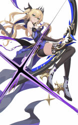 Rule 34 | absurdres, alternate costume, alternate hairstyle, ass, bare shoulders, blonde hair, blue nails, boots, bow (weapon), braid, eruthika, fischl (genshin impact), genshin impact, green eyes, high heels, highres, holding, holding bow (weapon), holding weapon, long hair, nail polish, pantyhose, thighhighs, tiara, twintails, weapon