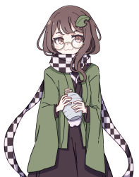 Rule 34 | 1girl, :3, absurdres, animal ears, black kimono, bottle, brown eyes, brown hair, checkered clothes, checkered scarf, enpera, futatsuiwa mamizou, glasses, hair ornament, haori, highres, japanese clothes, kame (kamepan44231), kimono, kiseru, leaf, leaf hair ornament, leaf on head, one-hour drawing challenge, pince-nez, raccoon ears, raccoon tail, scarf, simple background, smoking pipe, solo, tail, touhou, white background