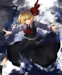 Rule 34 | 1girl, arms up, ascot, black footwear, black skirt, black vest, blonde hair, boots, buttons, closed mouth, collar, collared shirt, darkness, flying, hair between eyes, hair ribbon, hands up, highres, long sleeves, looking to the side, multicolored eyes, open mouth, orange eyes, psyren2, red ascot, red ribbon, ribbon, rumia, shirt, short hair, skirt, smile, solo, teeth, touhou, vest, white shirt, yellow eyes