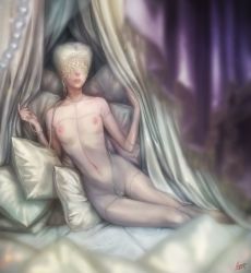 Rule 34 | 1girl, bed, blindfold, breasts, canopy bed, colored pubic hair, curtains, female focus, female pubic hair, highres, jewelry, lace, lips, navel, necklace, nipples, nude, on bed, original, pillow, pubic hair, realistic, reclining, sheena (domra32), small breasts, solo, stitches, white hair