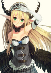 Rule 34 | 1girl, arm up, armpits, black wings, blonde hair, blush, breasts, choker, cleavage, corset, elbow gloves, gloves, green eyes, hairband, horns, long hair, looking at viewer, original, parsley-f, plaid, plaid skirt, pointy ears, simple background, skirt, skity, solo, white gloves, wings