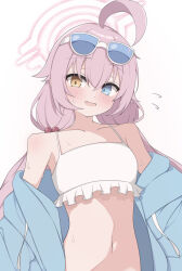 Rule 34 | 1girl, ahoge, bikini, blue archive, blue jacket, blush, collarbone, eyewear on head, fang, flying sweatdrops, frilled bikini, frills, hair between eyes, halo, heterochromia, highres, hoshino (blue archive), hoshino (swimsuit) (blue archive), jacket, long hair, looking at viewer, official alternate costume, open mouth, pink hair, pink halo, ruo (wakasagi c), simple background, smile, solo, sunglasses, swimsuit, white background, white bikini, yellow eyes