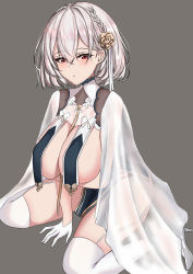 Rule 34 | 1girl, absurdres, azur lane, braid, breast curtains, breast hold, breasts, china dress, chinese clothes, dress, garter straps, gloves, grey background, grey dress, hair between eyes, half gloves, highres, large breasts, looking at viewer, match (scp115), red eyes, revealing clothes, see-through, see-through sleeves, short hair, side braid, simple background, sirius (azur lane), sirius (azure horizons) (azur lane), solo, thighhighs, white gloves, white hair, white thighhighs
