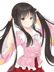 Rule 34 | 1girl, :o, alternate hairstyle, arms up, bad id, bad pixiv id, black hair, blouse, blush, brown eyes, commentary, frilled shirt collar, frilled sleeves, frills, hair between eyes, hand in own hair, highres, hime cut, holding, holding own hair, houraisan kaguya, long hair, long sleeves, looking at viewer, pink shirt, red skirt, ribbon, shirt, sidelocks, simple background, skirt, solo, swept bangs, tosakaoil, touhou, twintails, twintails day, untucked shirt, upper body, very long hair, white background, white ribbon